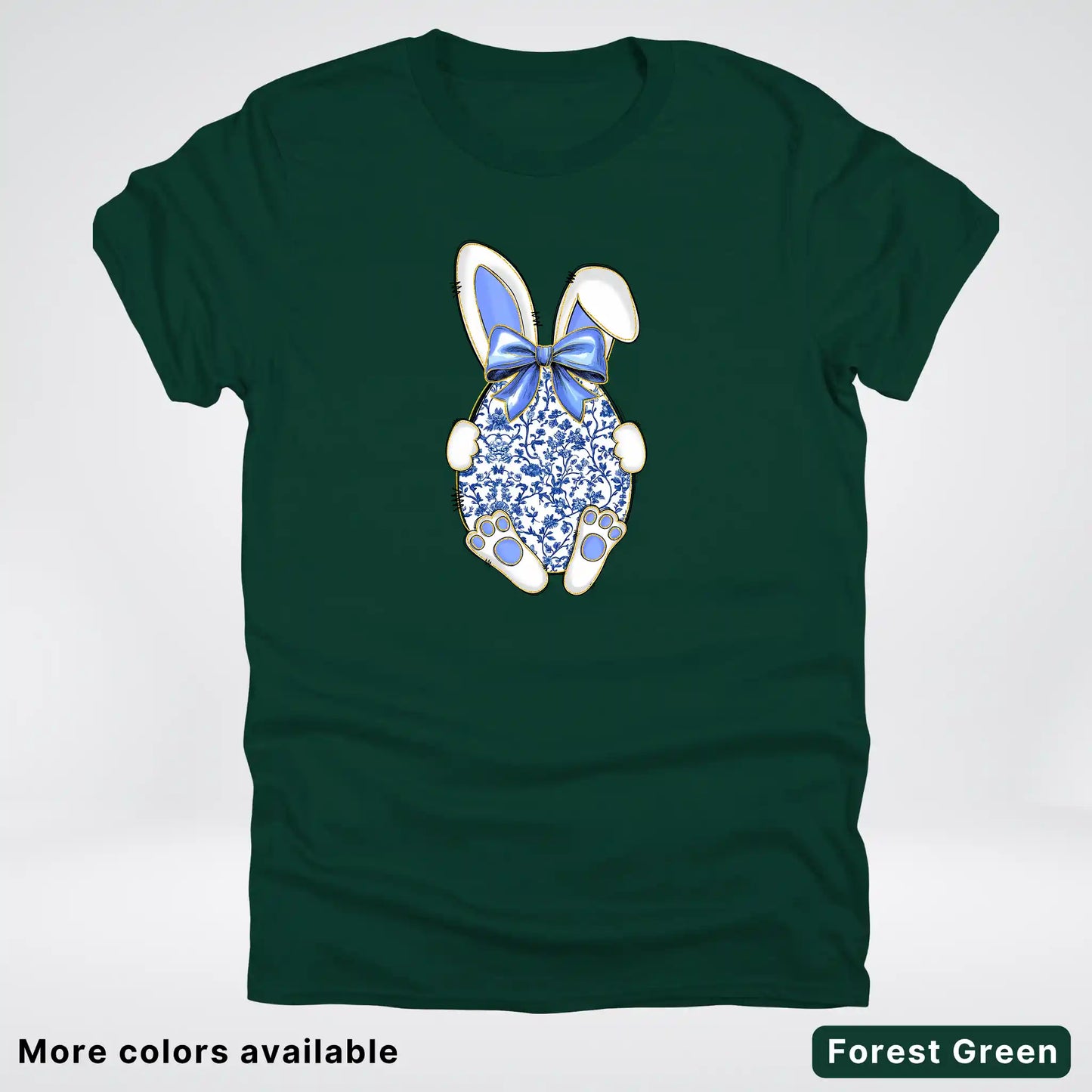 Blue Toile Easter Bunny – Porcelain Bow Bunny Spring Graphic- T-Shirt