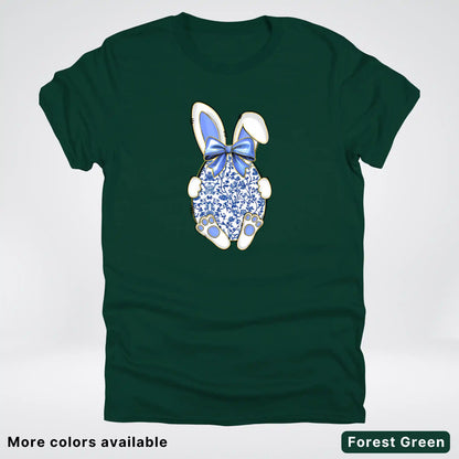 Blue Toile Easter Bunny – Porcelain Bow Bunny Spring Graphic- T-Shirt