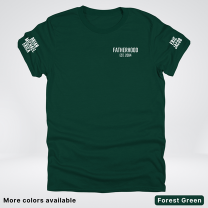 Fatherhood Est Custom Year Custom Names On Sleeves- White Design  – Father’s Day T-Shirt