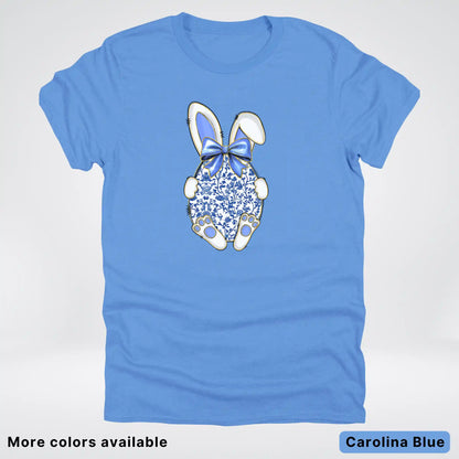 Blue Toile Easter Bunny – Porcelain Bow Bunny Spring Graphic- T-Shirt