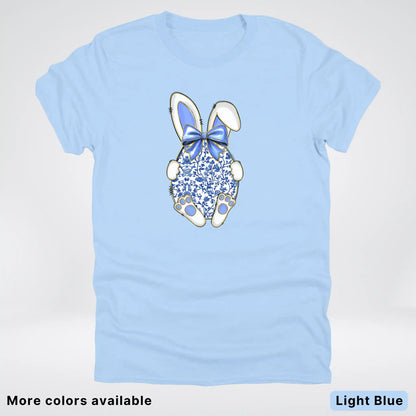 Blue Toile Easter Bunny – Porcelain Bow Bunny Spring Graphic- T-Shirt