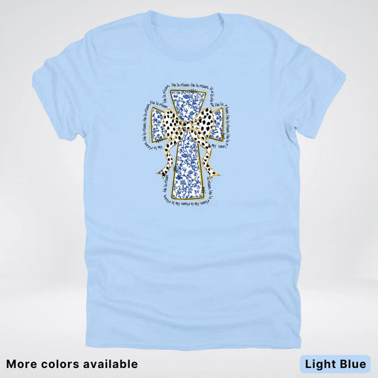He Is Risen Cross – Blue Toile Easter Faith Graphic - T-Shirt
