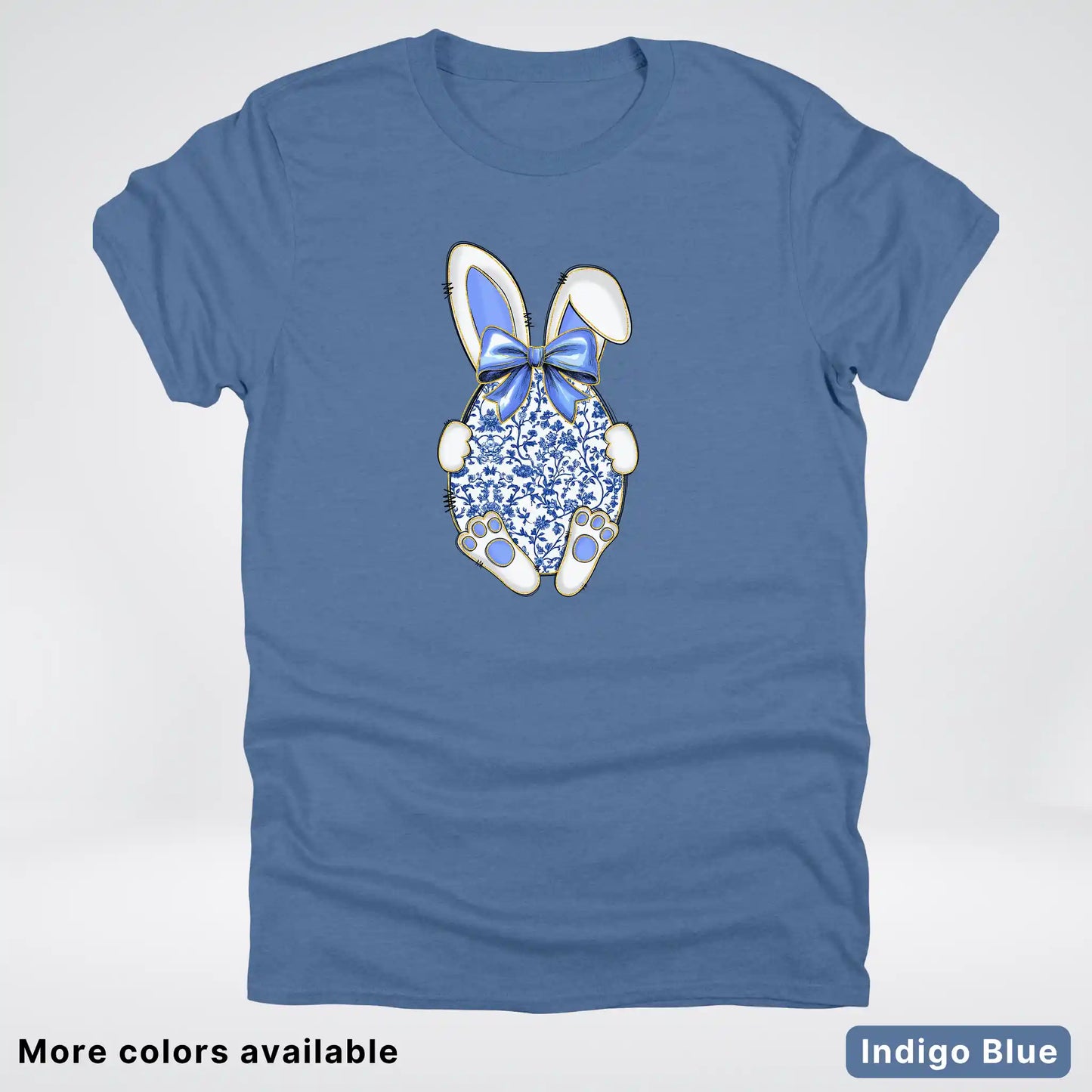 Blue Toile Easter Bunny – Porcelain Bow Bunny Spring Graphic- T-Shirt