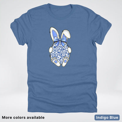 Blue Toile Easter Bunny – Porcelain Bow Bunny Spring Graphic- T-Shirt