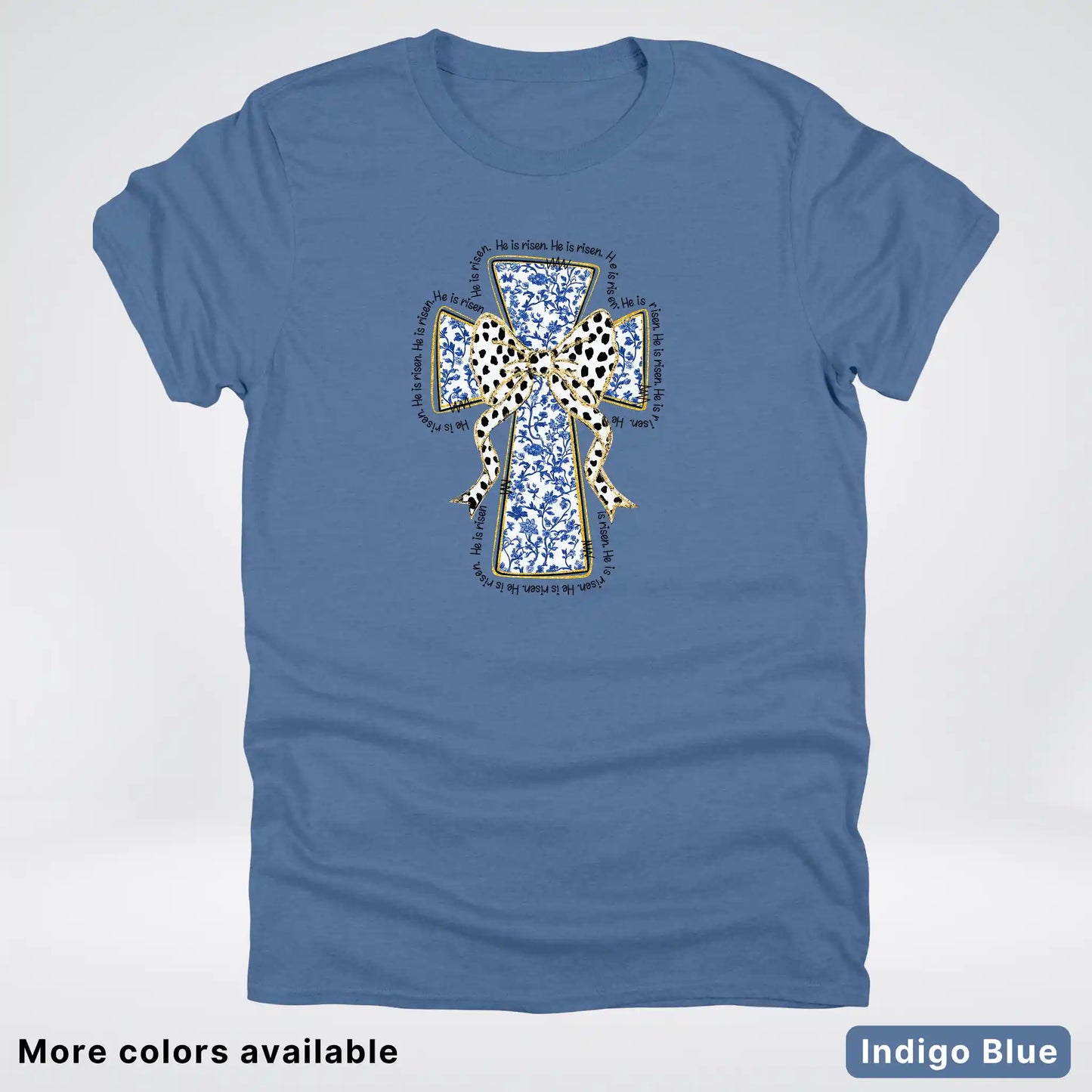 He Is Risen Cross – Blue Toile Easter Faith Graphic - T-Shirt