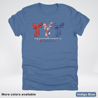 My Favorite Season Is Baseball – Red White Blue Bow Graphic T-Shirt