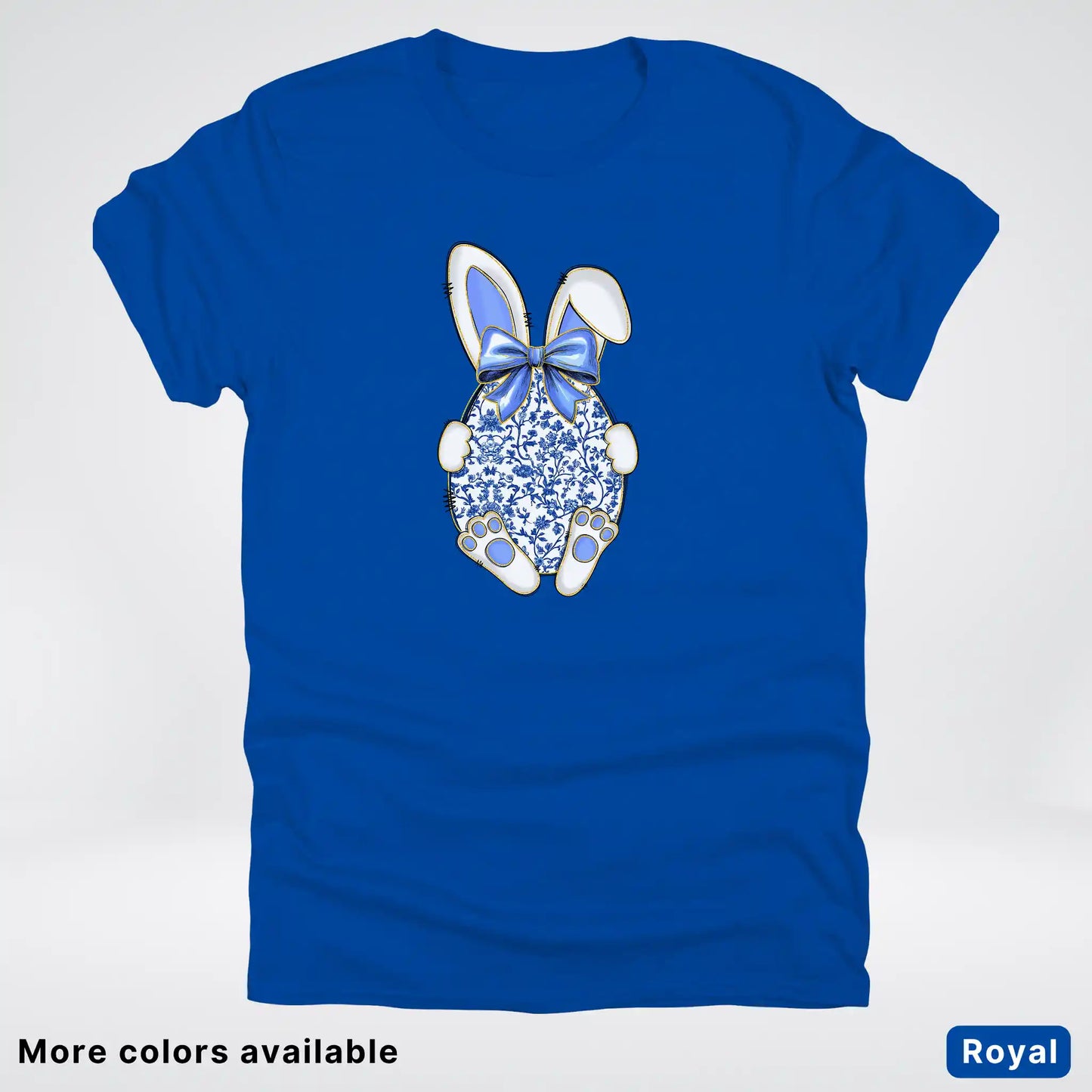 Blue Toile Easter Bunny – Porcelain Bow Bunny Spring Graphic- T-Shirt
