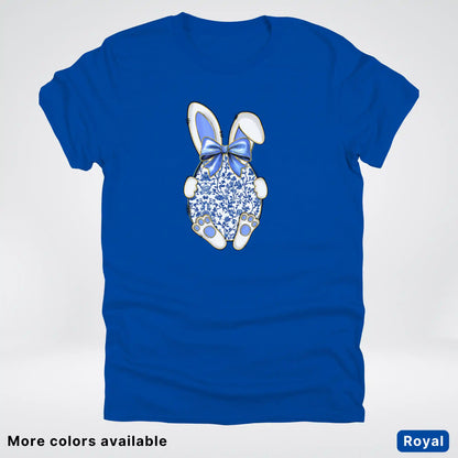 Blue Toile Easter Bunny – Porcelain Bow Bunny Spring Graphic- T-Shirt