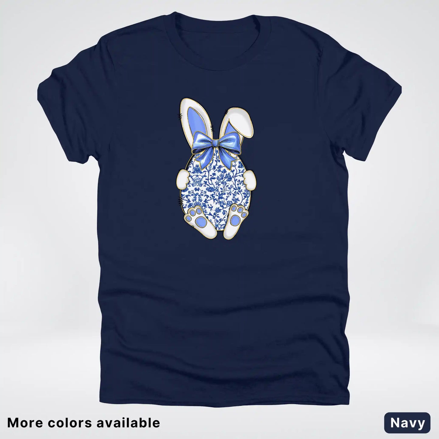 Blue Toile Easter Bunny – Porcelain Bow Bunny Spring Graphic- T-Shirt
