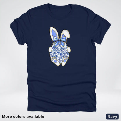 Blue Toile Easter Bunny – Porcelain Bow Bunny Spring Graphic- T-Shirt