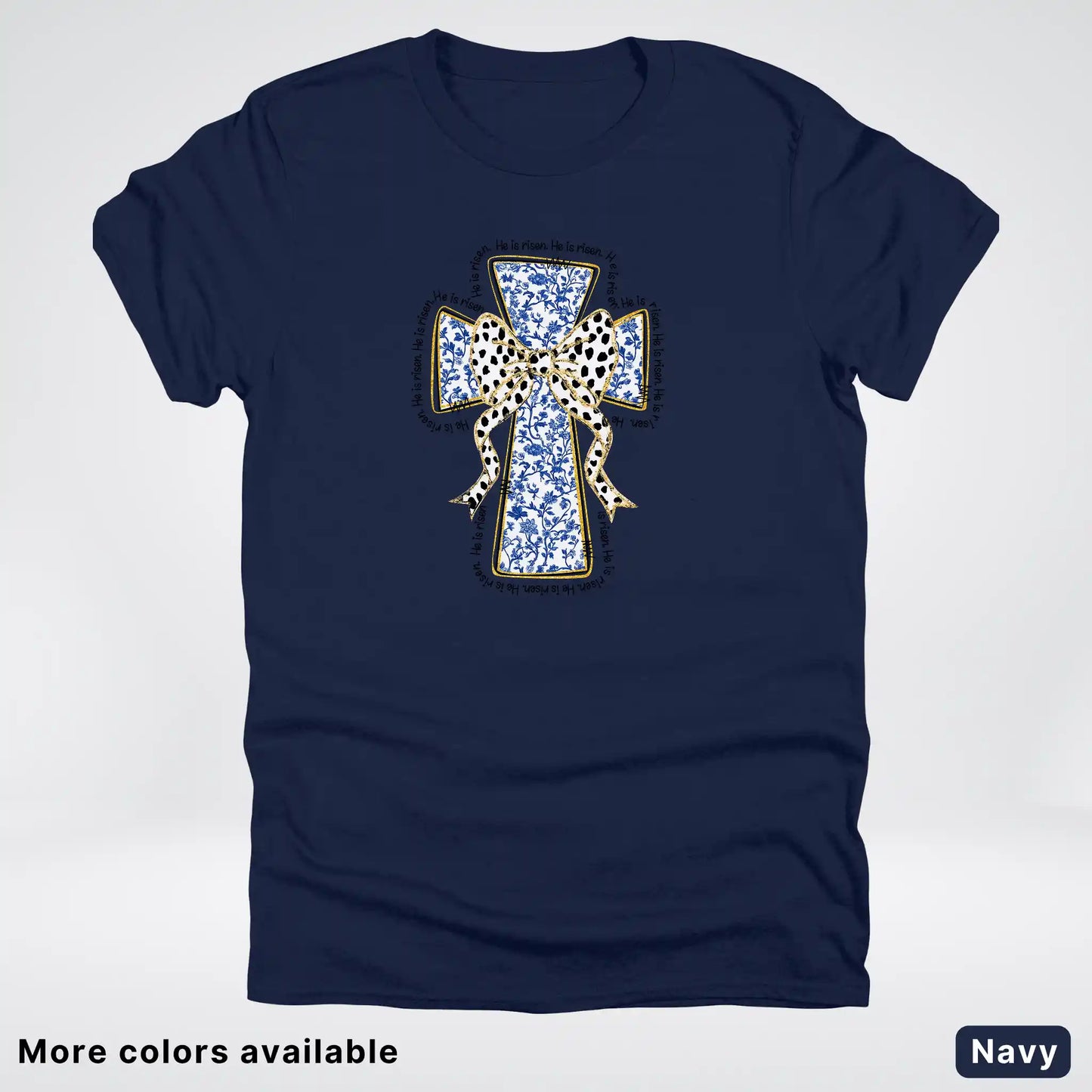 He Is Risen Cross – Blue Toile Easter Faith Graphic - T-Shirt