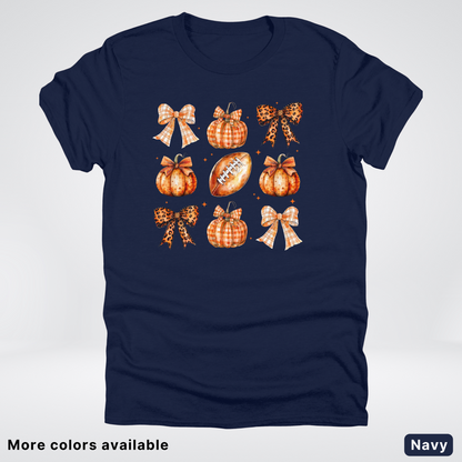 Football Coquette Ribbon Bow Plaid Pumpkin Fall - T-Shirt
