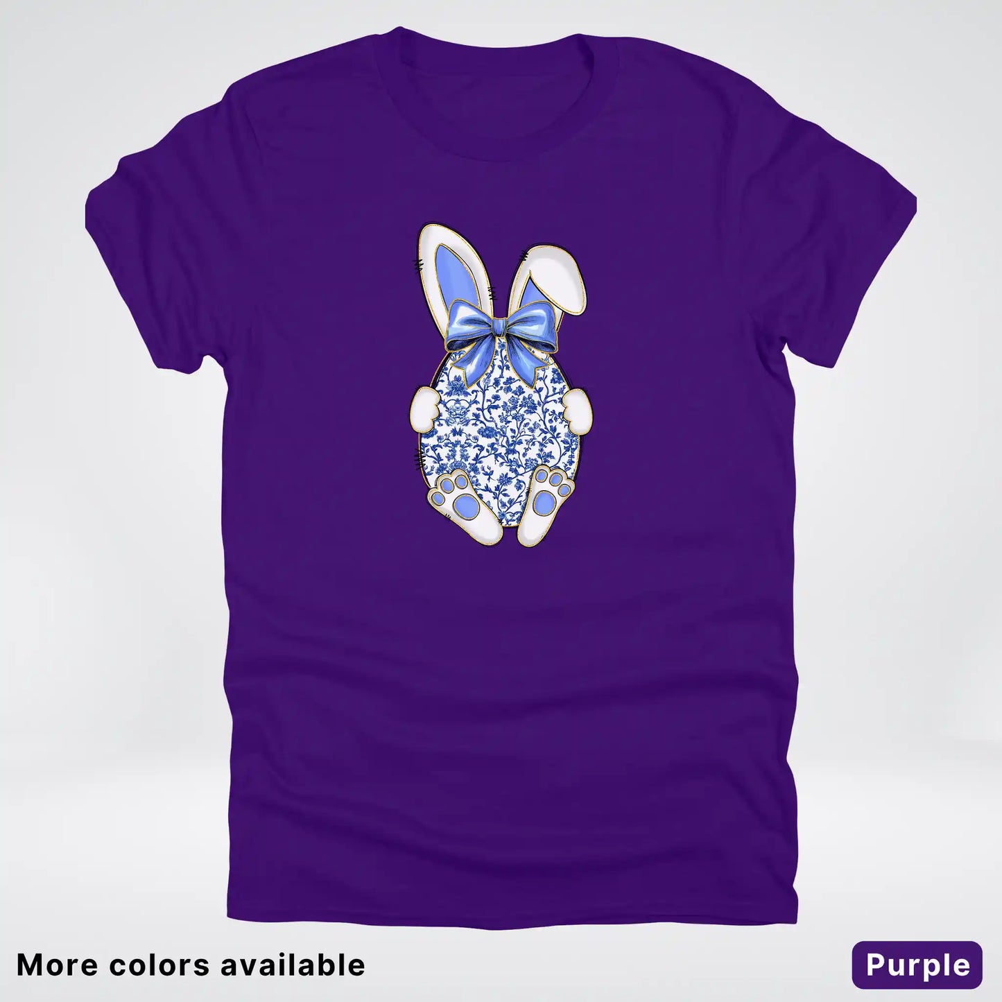 Blue Toile Easter Bunny – Porcelain Bow Bunny Spring Graphic- T-Shirt