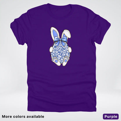 Blue Toile Easter Bunny – Porcelain Bow Bunny Spring Graphic- T-Shirt