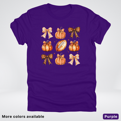 Football Coquette Ribbon Bow Plaid Pumpkin Fall - T-Shirt