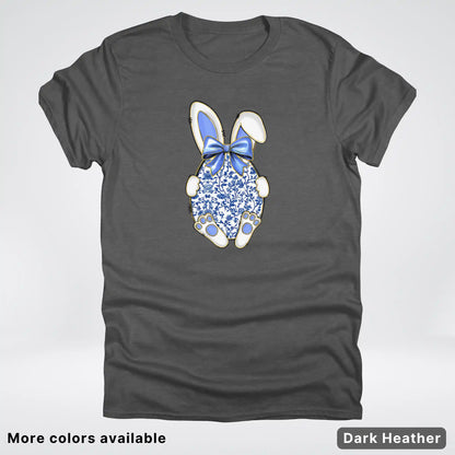 Blue Toile Easter Bunny – Porcelain Bow Bunny Spring Graphic- T-Shirt