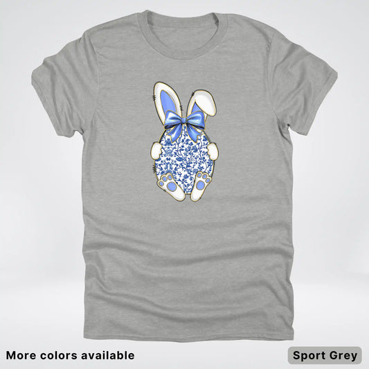 Blue Toile Easter Bunny – Porcelain Bow Bunny Spring Graphic- T-Shirt