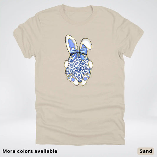 Blue Toile Easter Bunny – Porcelain Bow Bunny Spring Graphic- T-Shirt
