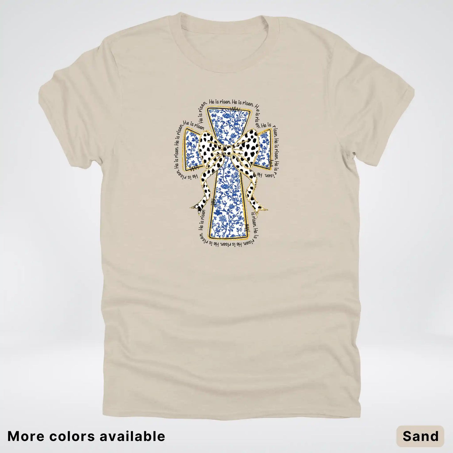 He Is Risen Cross – Blue Toile Easter Faith Graphic - T-Shirt