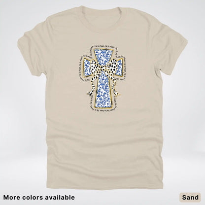 He Is Risen Cross – Blue Toile Easter Faith Graphic - T-Shirt