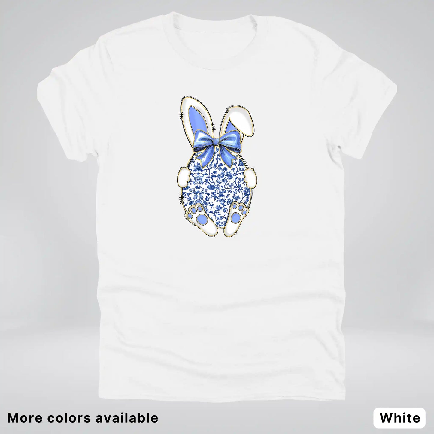 Blue Toile Easter Bunny – Porcelain Bow Bunny Spring Graphic- T-Shirt