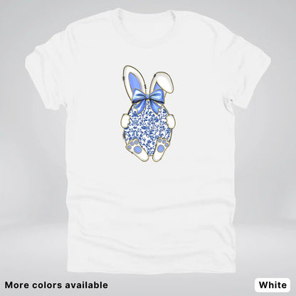 Blue Toile Easter Bunny – Porcelain Bow Bunny Spring Graphic- T-Shirt