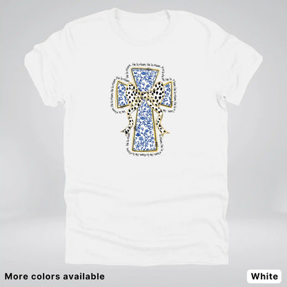 He Is Risen Cross – Blue Toile Easter Faith Graphic - T-Shirt