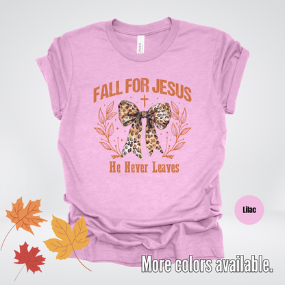 Fall For Jesus He Never Leaves Leopard Print Coquette T-Shirt