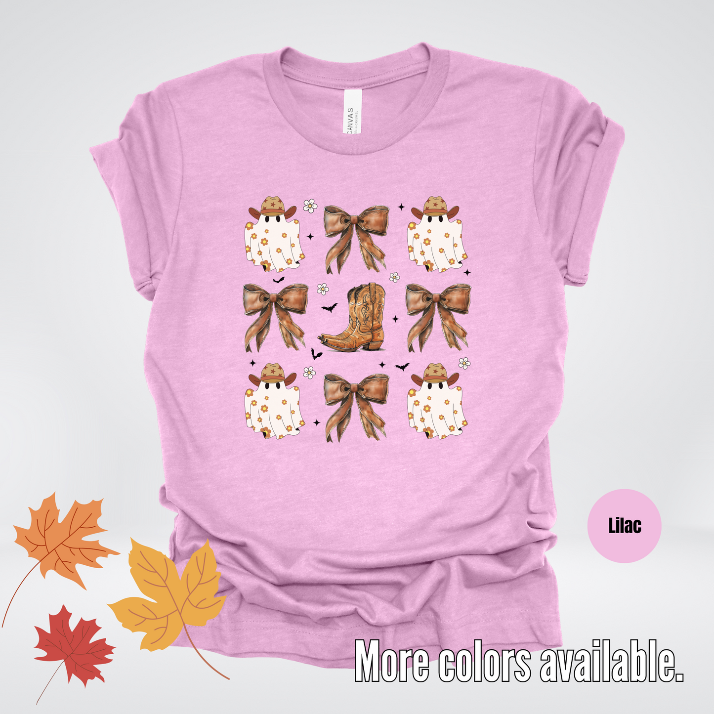 Western Coquette Leather Cowboy Boots And Fall Ghosts with Flowers and Bats T-Shirt