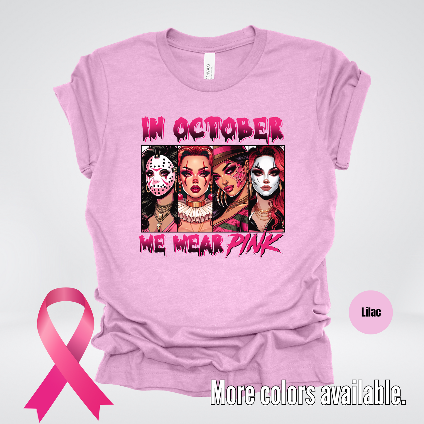 Halloween Bad Girls in October We Wear Pink Horror Movie Characters T-Shirt