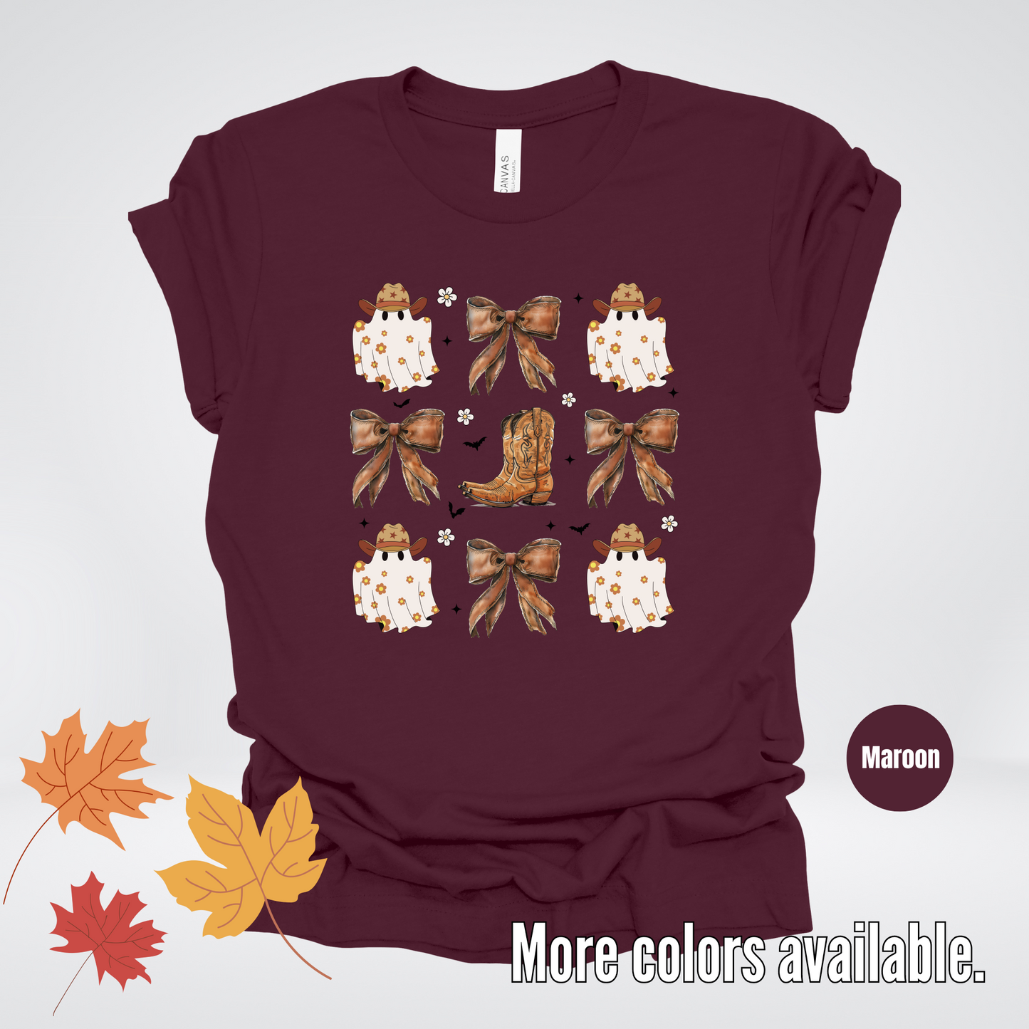 Western Coquette Leather Cowboy Boots And Fall Ghosts with Flowers and Bats T-Shirt