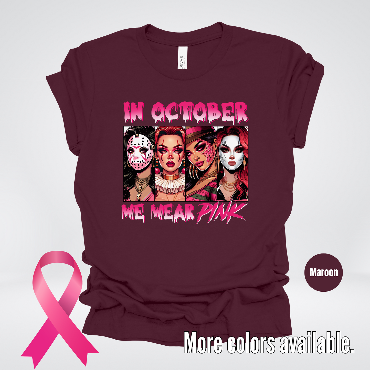 Halloween Bad Girls in October We Wear Pink Horror Movie Characters 2 T-Shirt