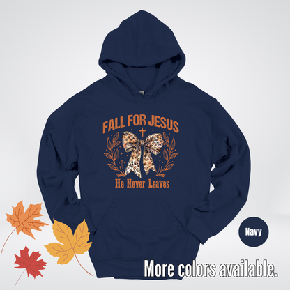 Fall For Jesus He Never Leaves Leopard Print Coquette Hoodie