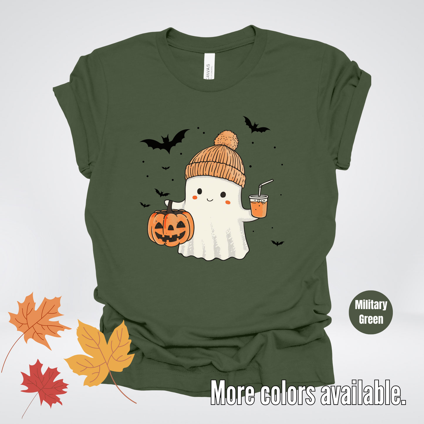 Cute Fall Ghost with Pumpkin And Bats T-Shirt