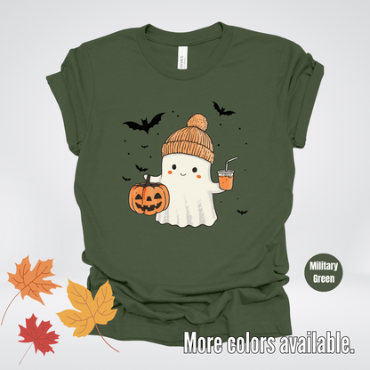 Cute Fall Ghost with Pumpkin And Bats T-Shirt