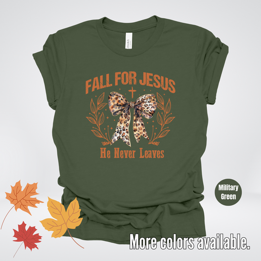 Fall For Jesus He Never Leaves Leopard Print Coquette T-Shirt