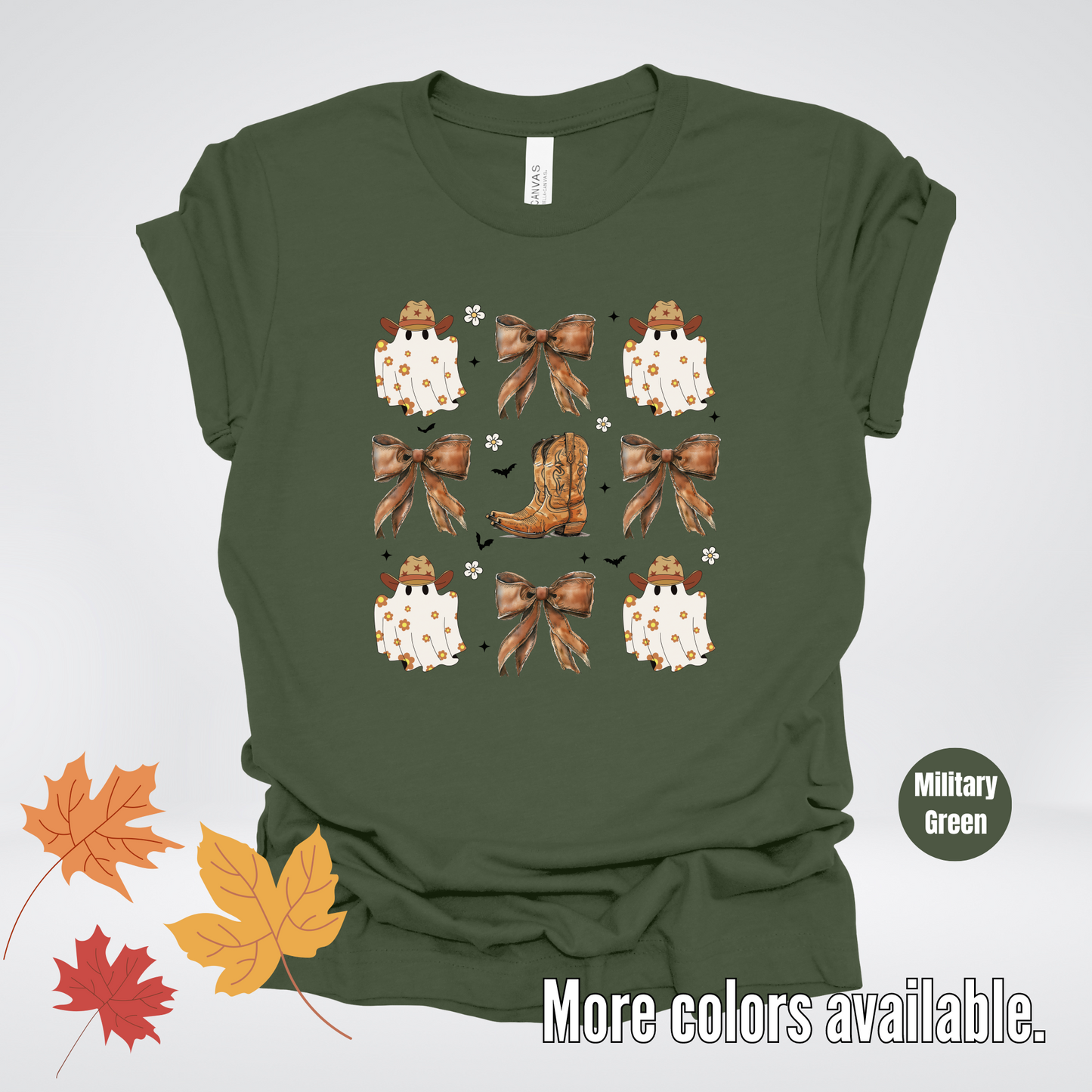 Western Coquette Leather Cowboy Boots And Fall Ghosts with Flowers and Bats T-Shirt