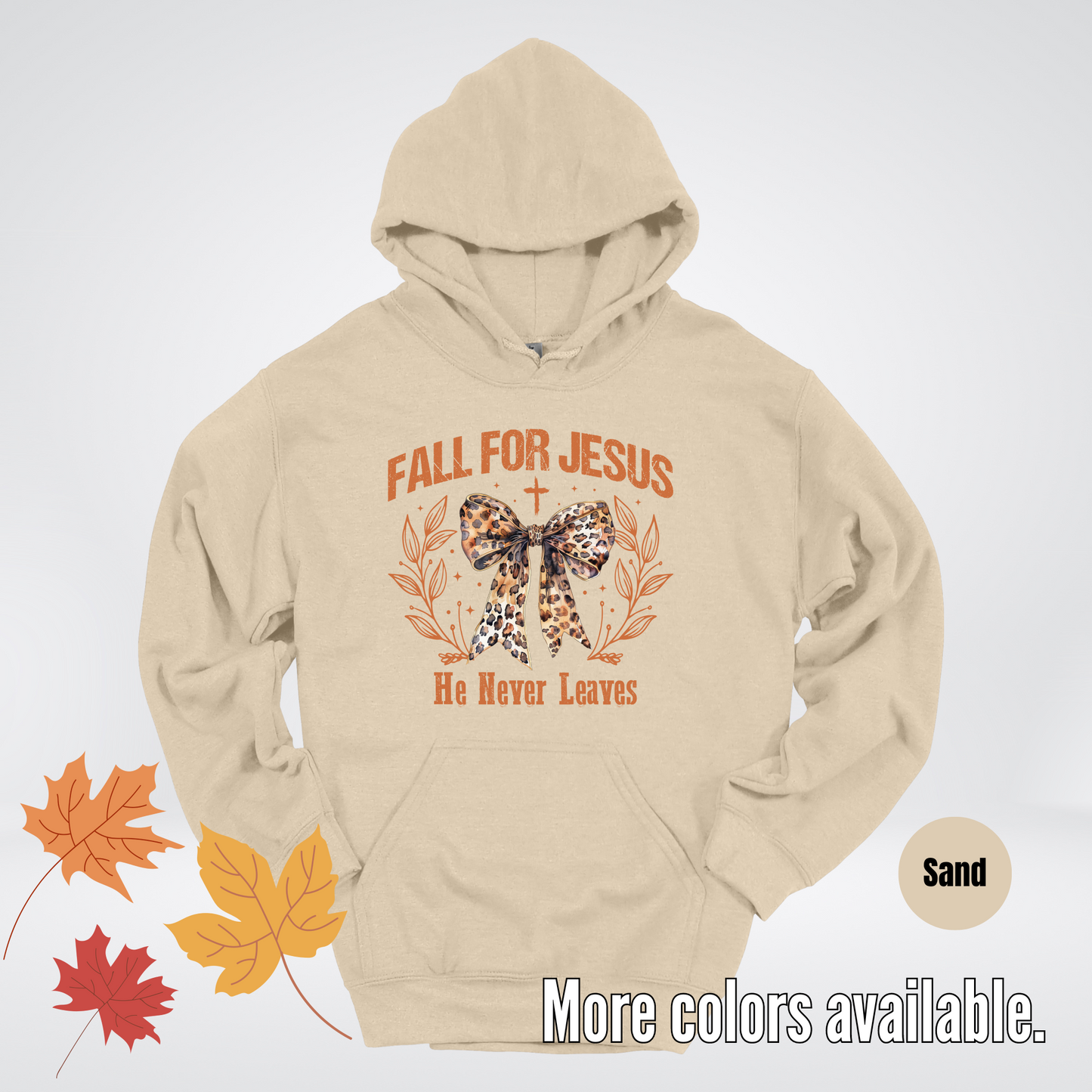 Fall For Jesus He Never Leaves Leopard Print Coquette Hoodie