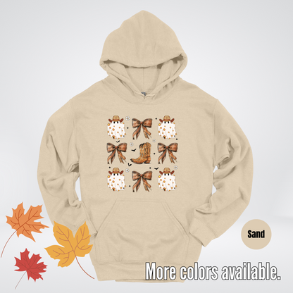 Western Coquette Leather Cowboy Boots And Fall Ghosts with Flowers and Bats Hoodie