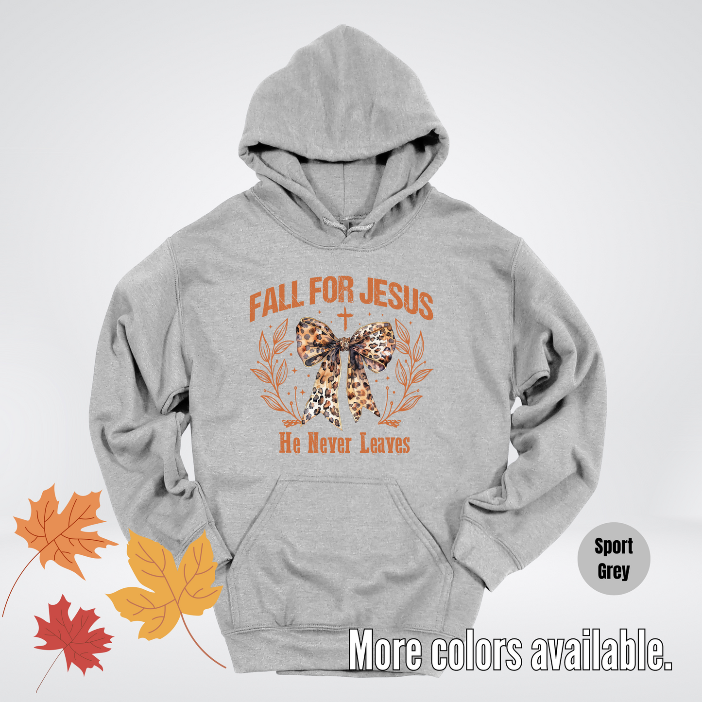 Fall For Jesus He Never Leaves Leopard Print Coquette Hoodie