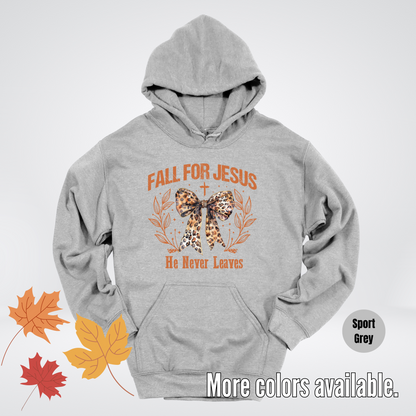 Fall For Jesus He Never Leaves Leopard Print Coquette Hoodie