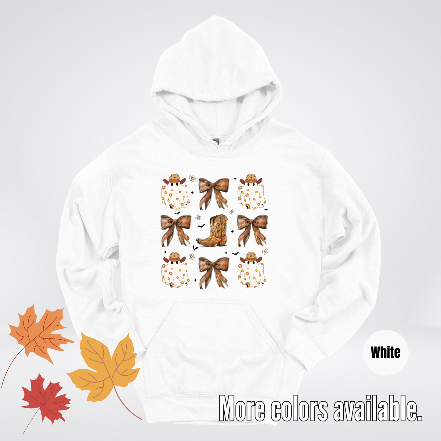 Western Coquette Leather Cowboy Boots And Fall Ghosts with Flowers and Bats Hoodie