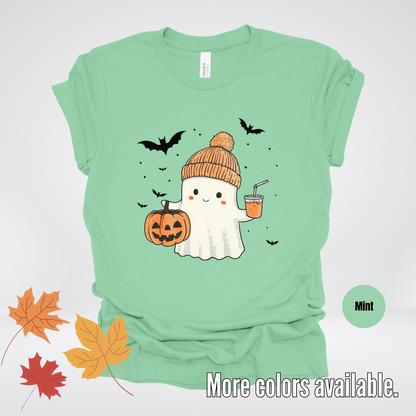 Cute Fall Ghost with Pumpkin And Bats T-Shirt