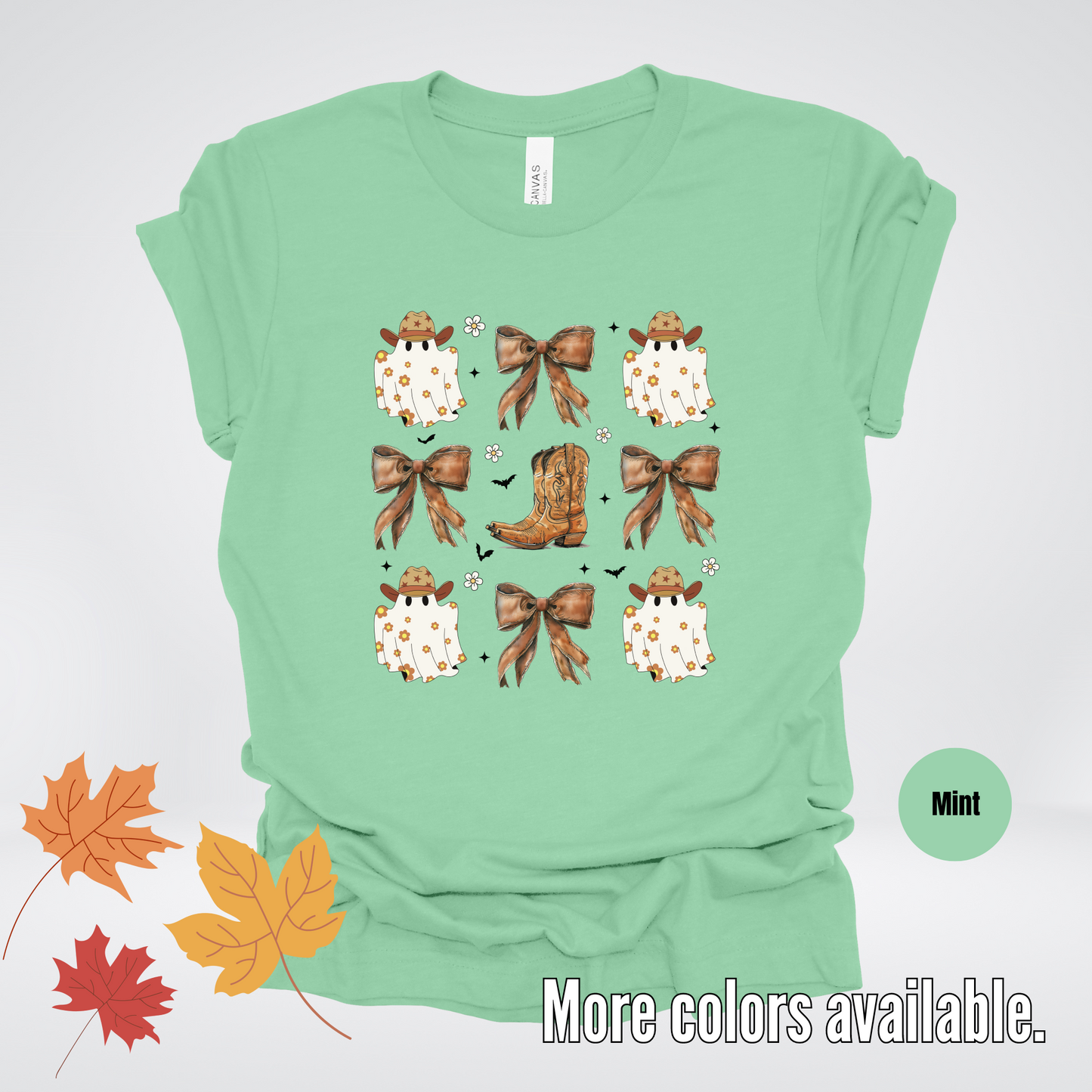 Western Coquette Leather Cowboy Boots And Fall Ghosts with Flowers and Bats T-Shirt