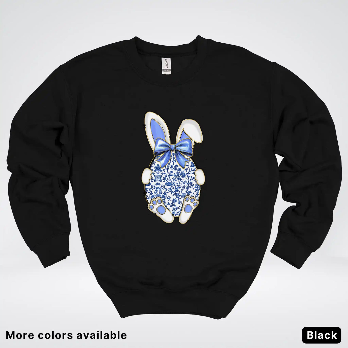 Blue Toile Easter Bunny – Porcelain Bow Bunny Spring Graphic - Crewneck Sweatshirt