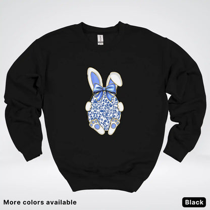 Blue Toile Easter Bunny – Porcelain Bow Bunny Spring Graphic - Crewneck Sweatshirt