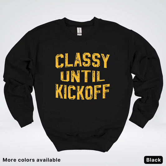 Classy Until Kickoff – Purple & Victory Gold Football Fan Graphic - Crewneck Sweatshirt