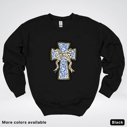 He Is Risen Cross – Blue Toile Easter Faith Graphic - Crewneck Sweatshirt