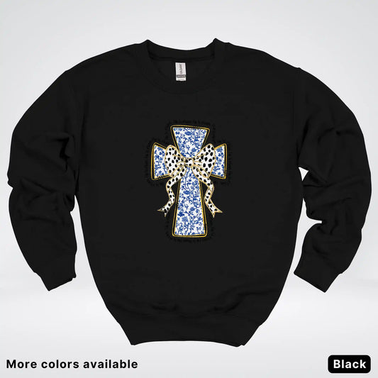 He Is Risen Cross – Blue Toile Easter Faith Graphic - Crewneck Sweatshirt