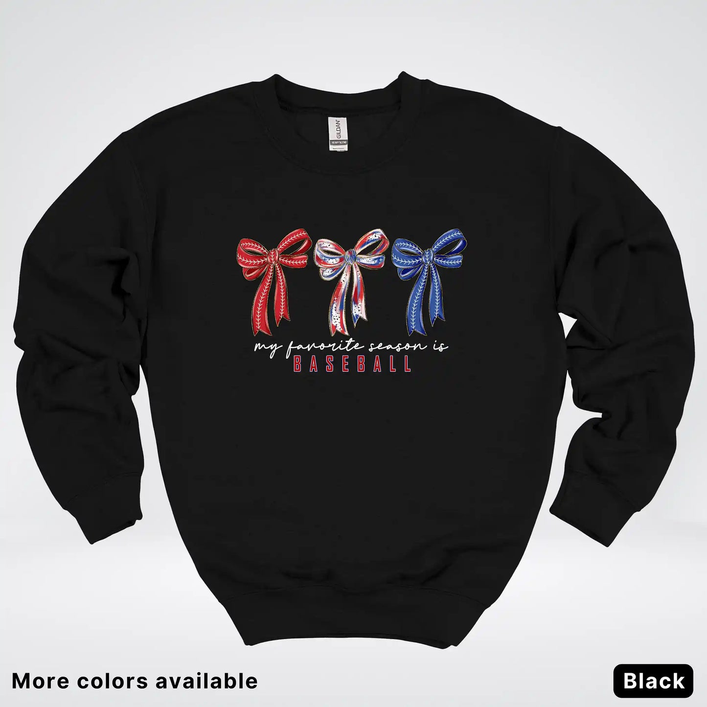 My Favorite Season Is Baseball – Red White Blue Bow Graphic Crewneck Sweatshirt